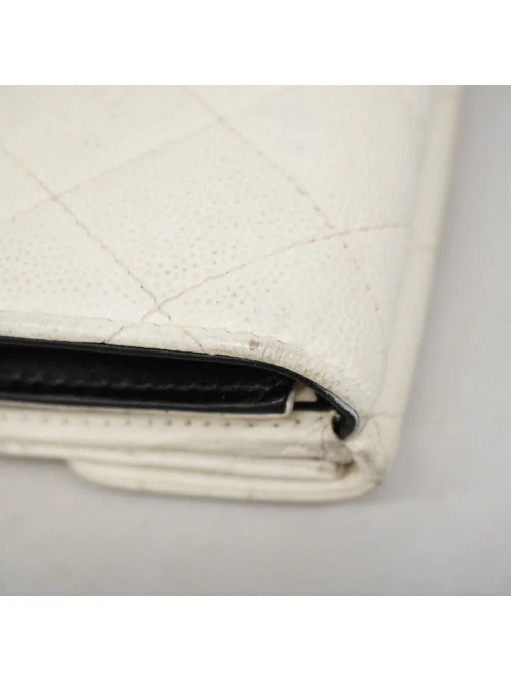 Chanel Trifold Wallet Quilted Caviar Leather White Silver